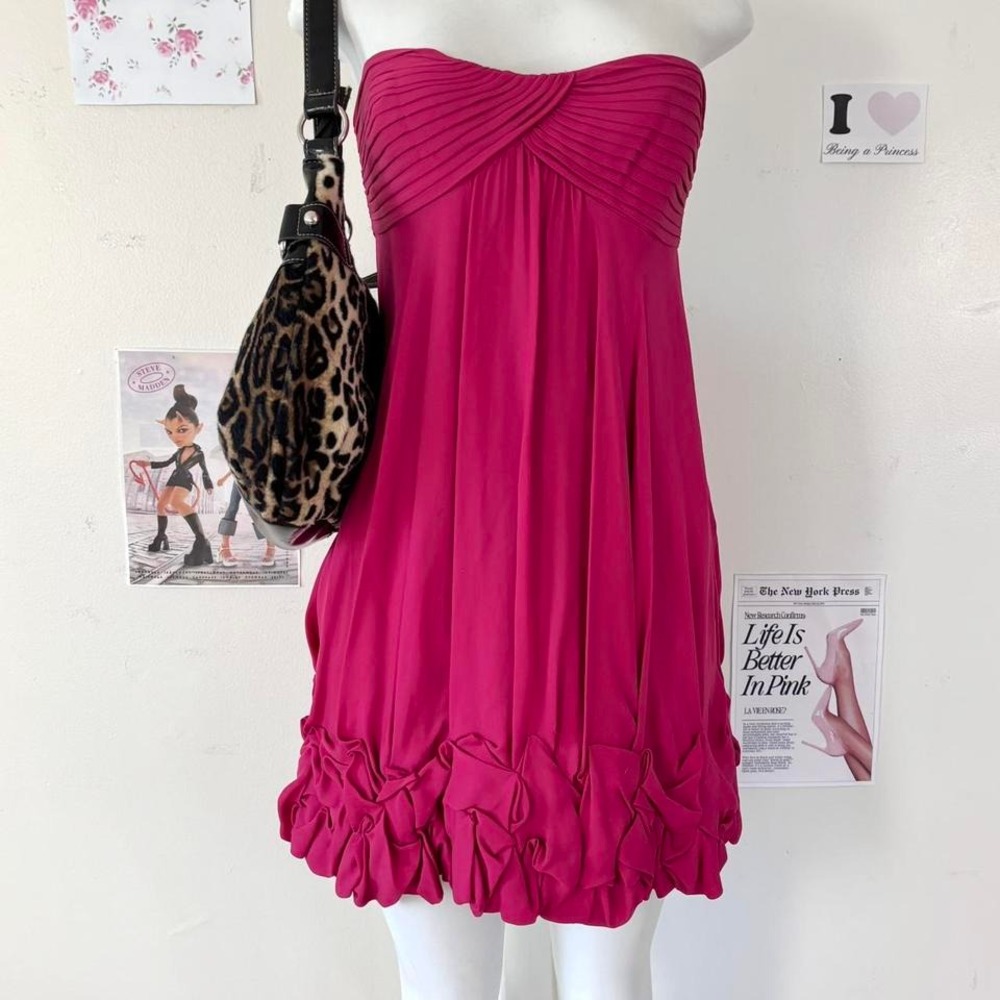 BCBGMaxAzria Hot Pink Strapless Ruffle Hem Dress